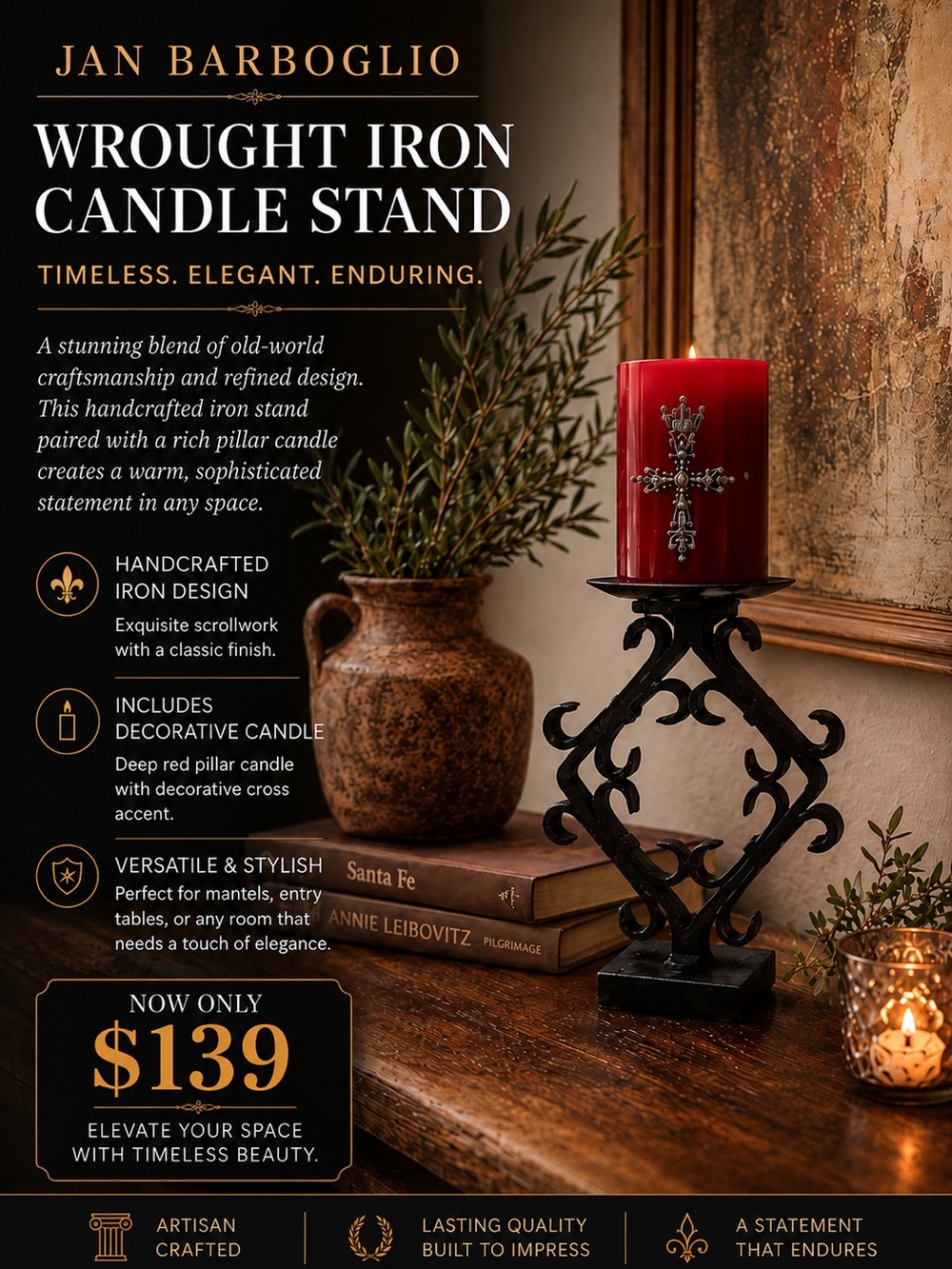 Red Decorative Cross Candle on Iron Stand